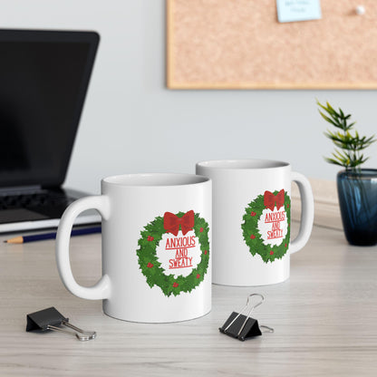 Anxious and Sweaty Christmas Wreath Ceramic Mug, (11oz, 15oz)